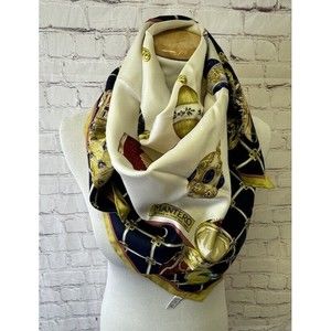 Vintage MANTERO Scarf, Italian Silk Faberge Egg Charms Print Navy Blue White